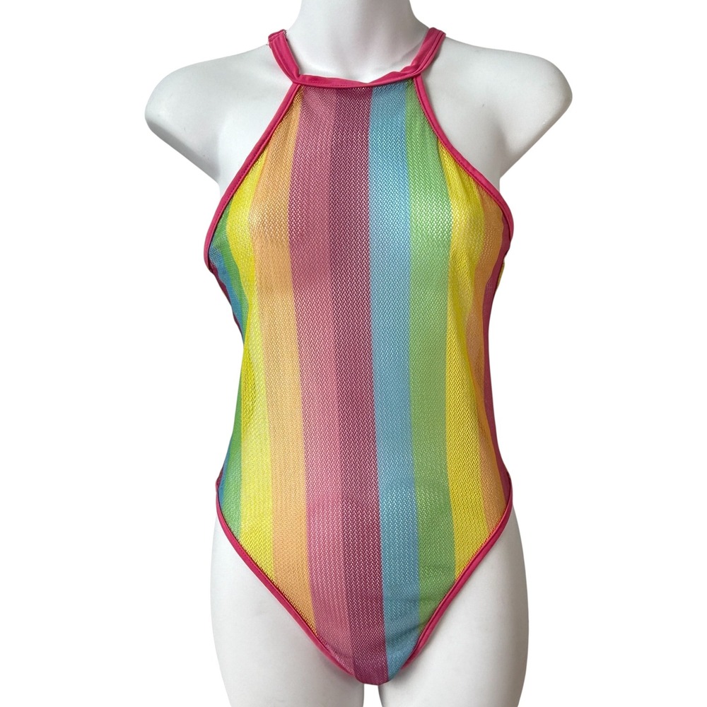 Rainbow Stripe Mesh‎ Bodysuit Womens Medium High Neck Halter Sheer Festival Rave